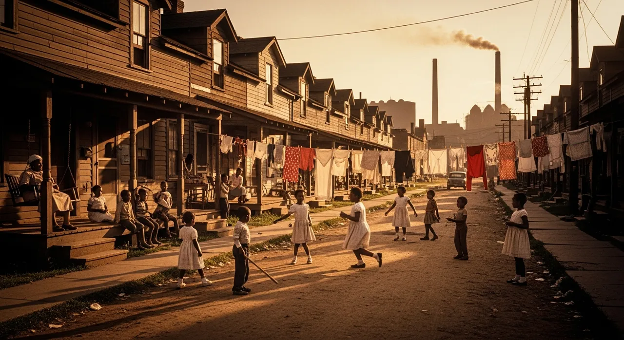1950s Black neighborhood in Sparrows Point, modest row houses on a dirt road, children playing, community resilience