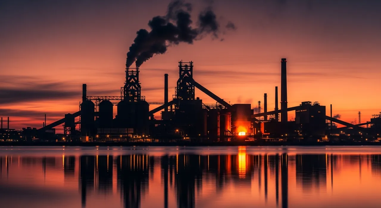 Massive tidewater steel mill at dusk, blast furnaces silhouetted against an amber and crimson sky