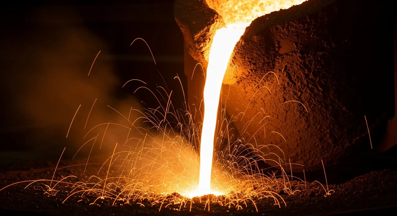 Molten steel pouring from a massive crucible in a 1960s steel mill, incandescent liquid metal exploding with sparks