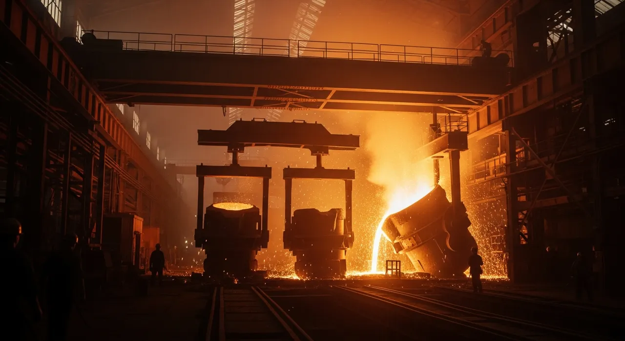 Interior of a 1940s steel mill, molten metal cascading in sparks and orange light, silhouettes of workers in the haze