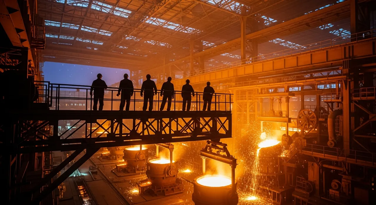 Silhouettes of steelworkers on a catwalk above a vast steel mill floor at night, glowing furnaces below