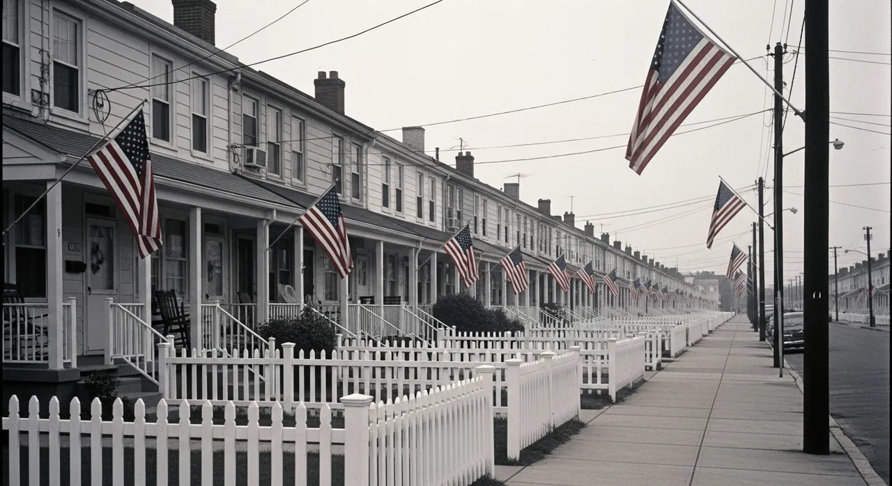 1950s company town street at Sparrows Point, neat row houses with white picket fences and American flags